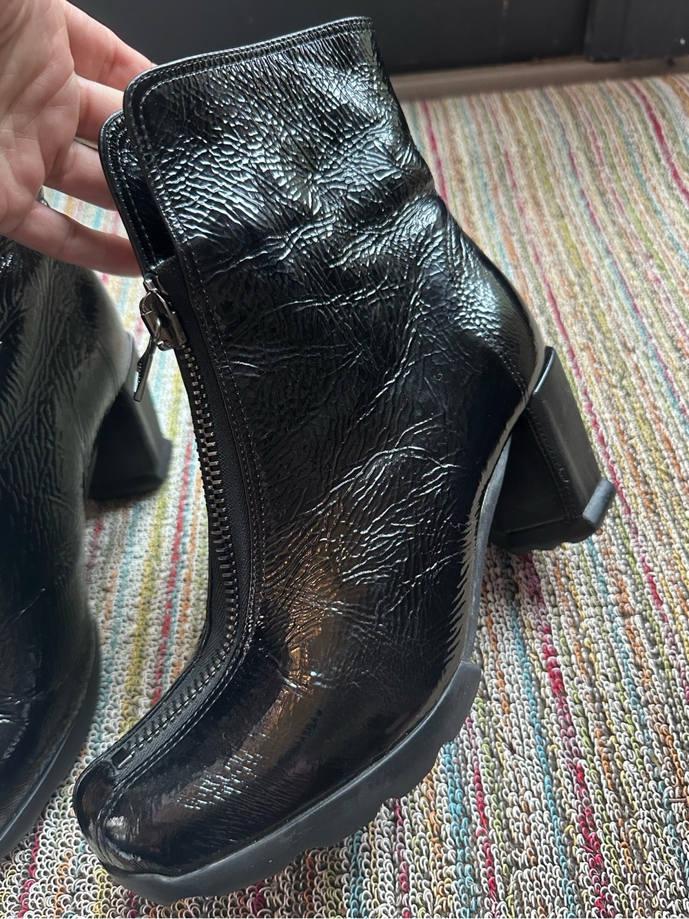 Fluevog EXCELLENT Together Hi Niki black patent leather frontzip heeled boot-7.5 - Picture 9 of 16